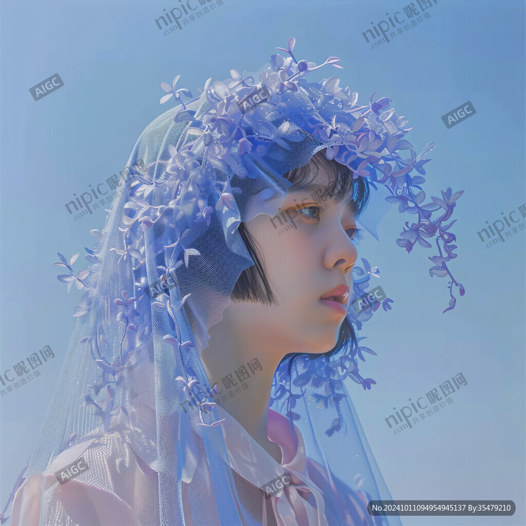 捧花藍的女孩插畫