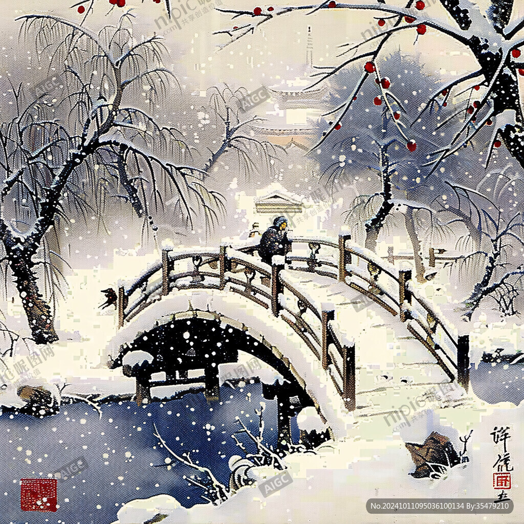 工筆手繪雪景圖