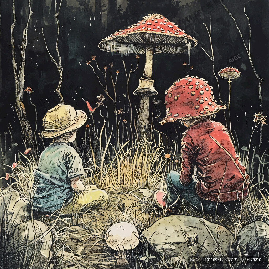 采蘑菇插畫