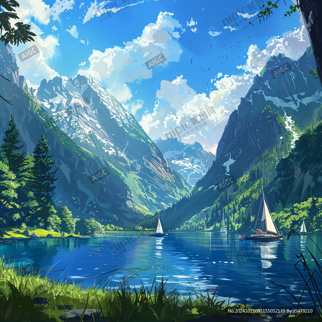 插畫山水湖