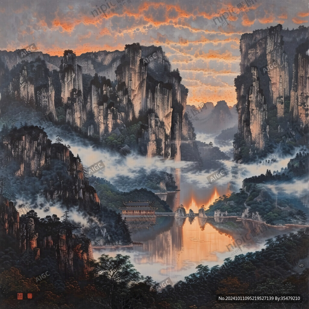 禪境山峰群山國畫油畫