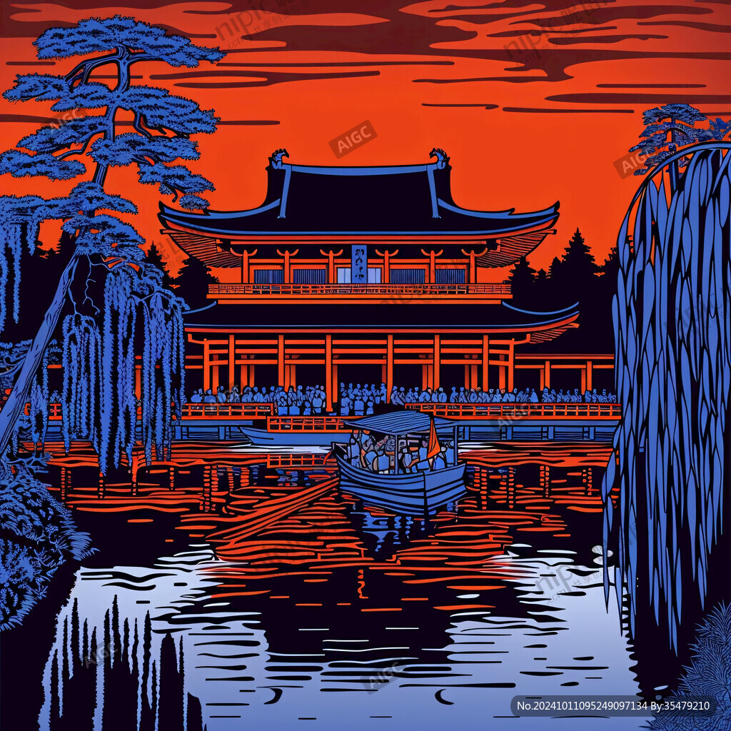 樓閣亭臺畫線描背景
