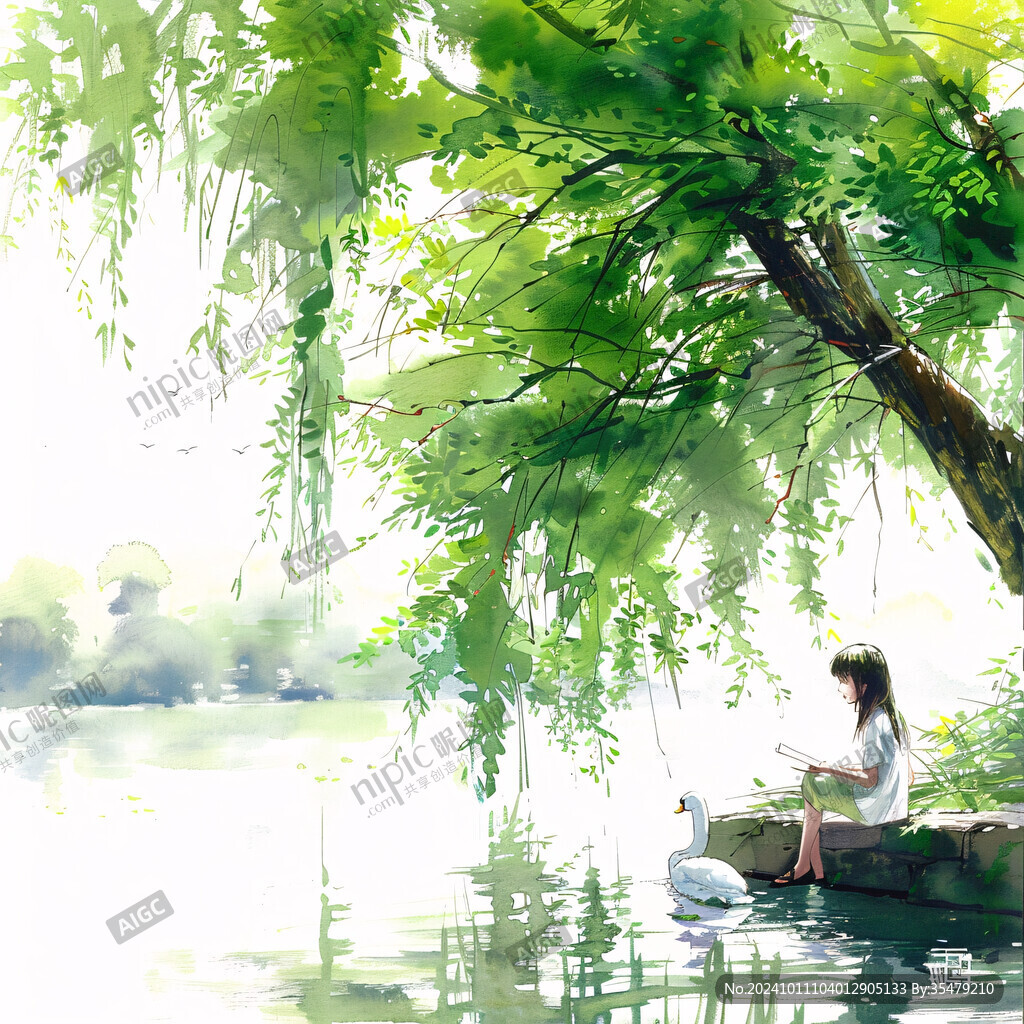 春天溪邊風景少女