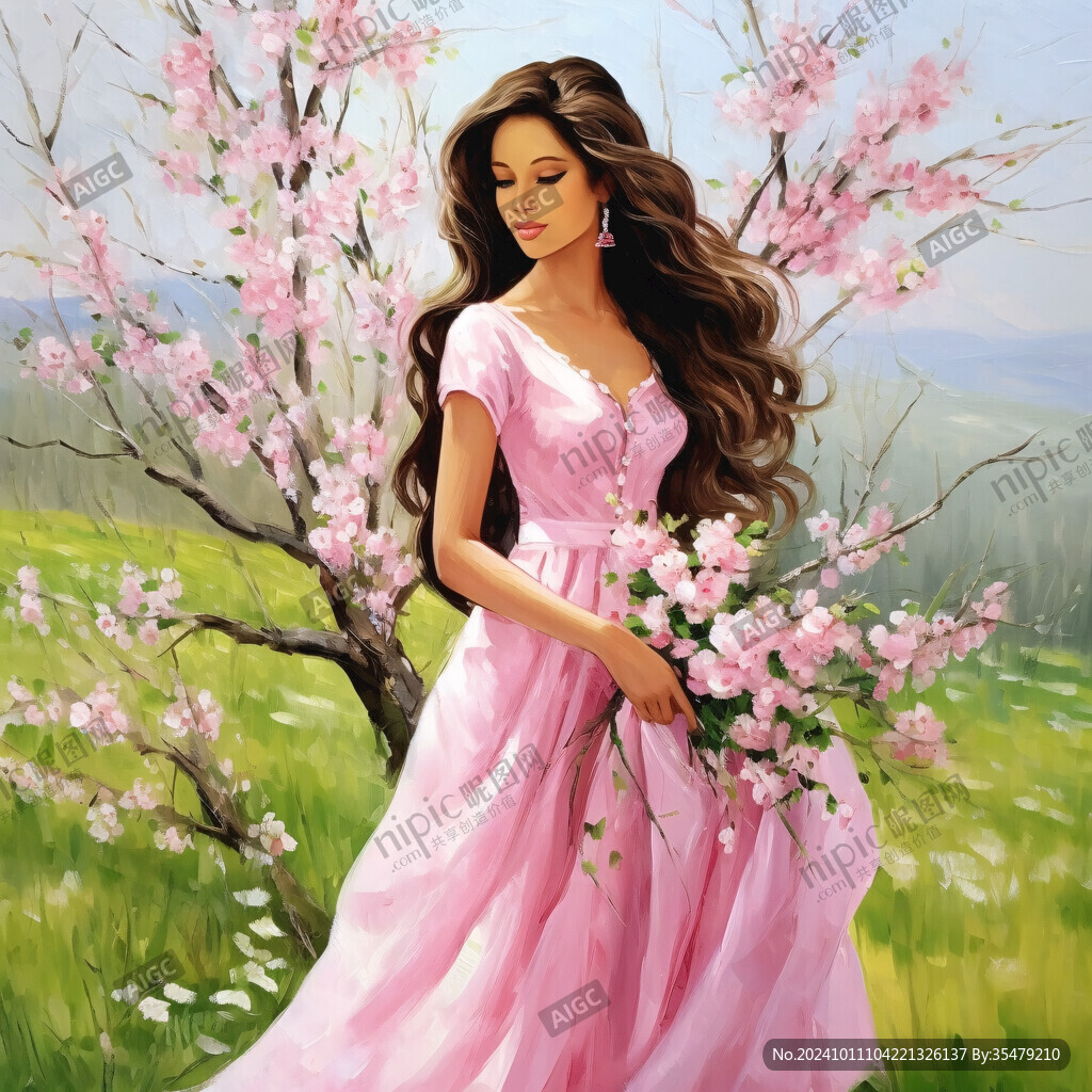 手繪桃花美女