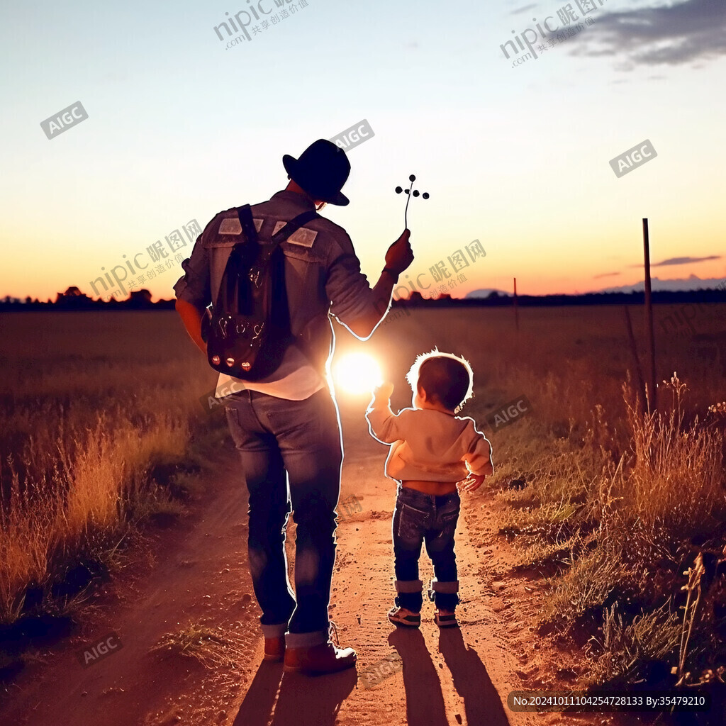 夕陽下的一對母子