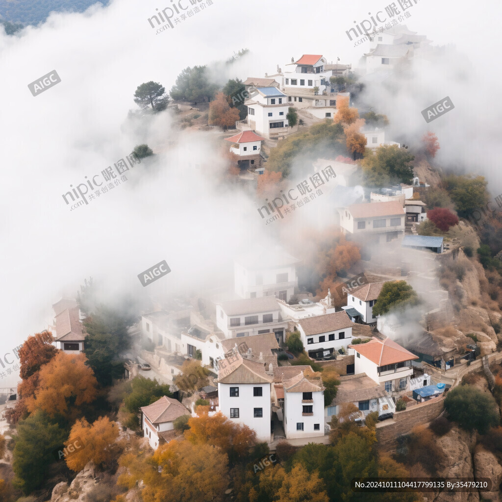 秋季晨霧山村小鎮