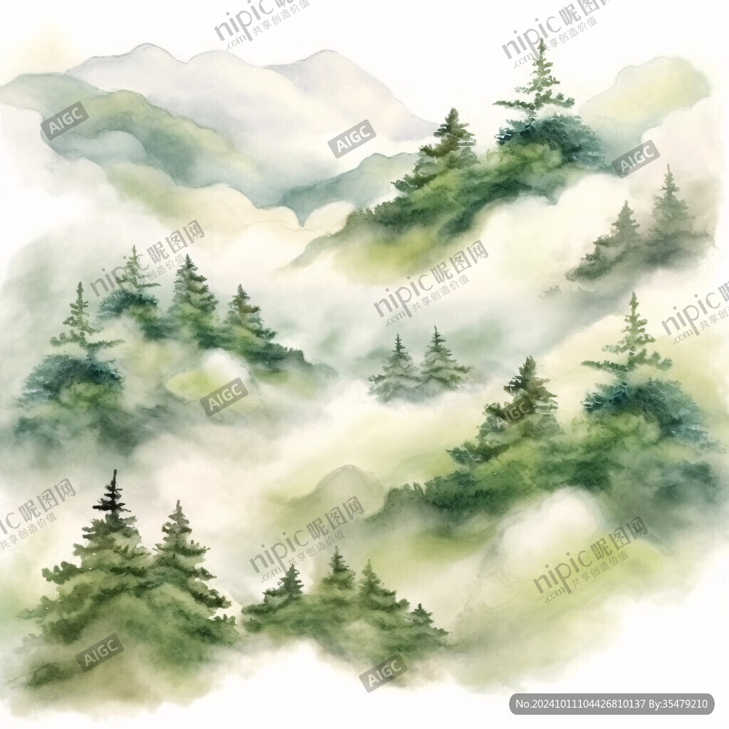 水彩畫山峰群山遠山