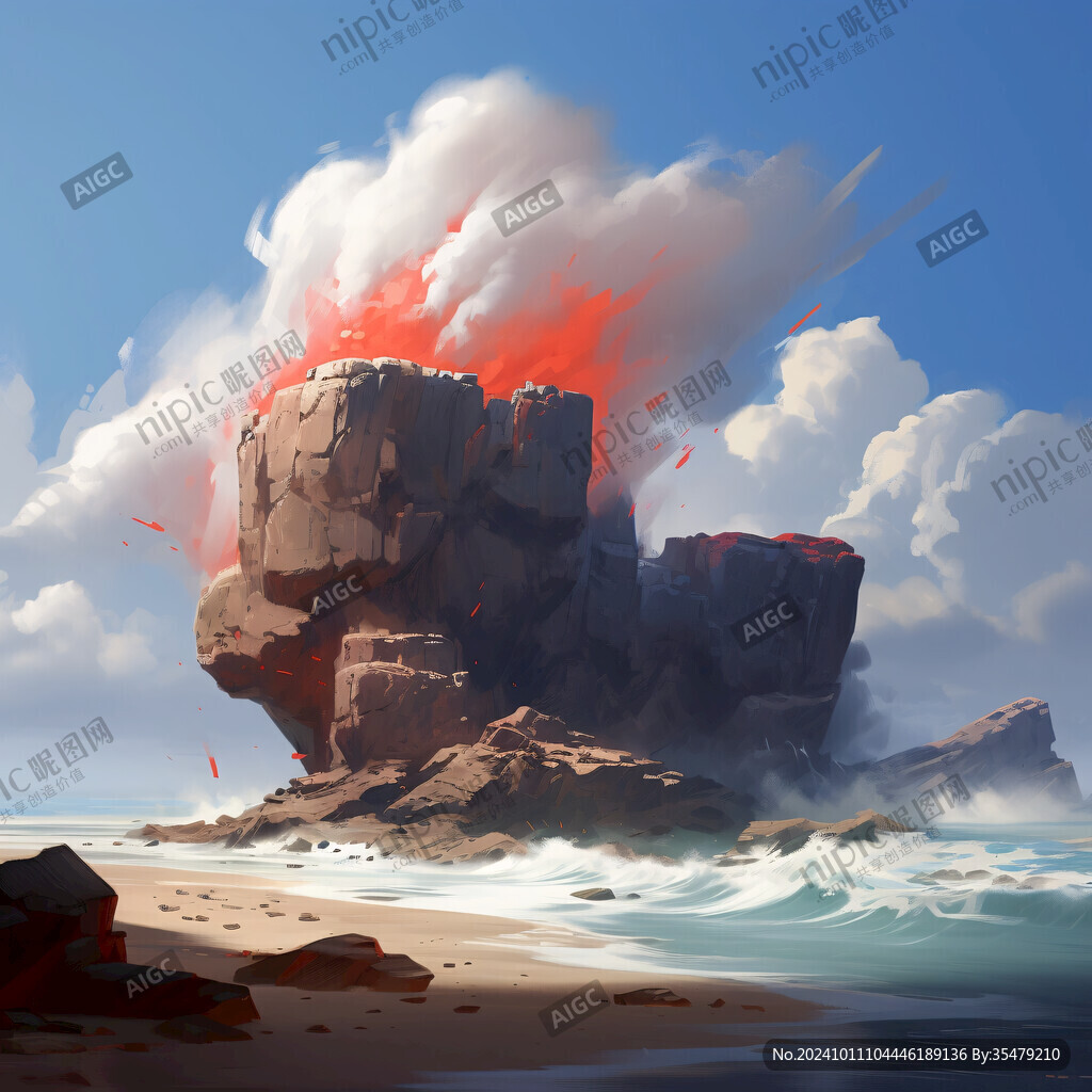 藍天白云大海巖石插畫