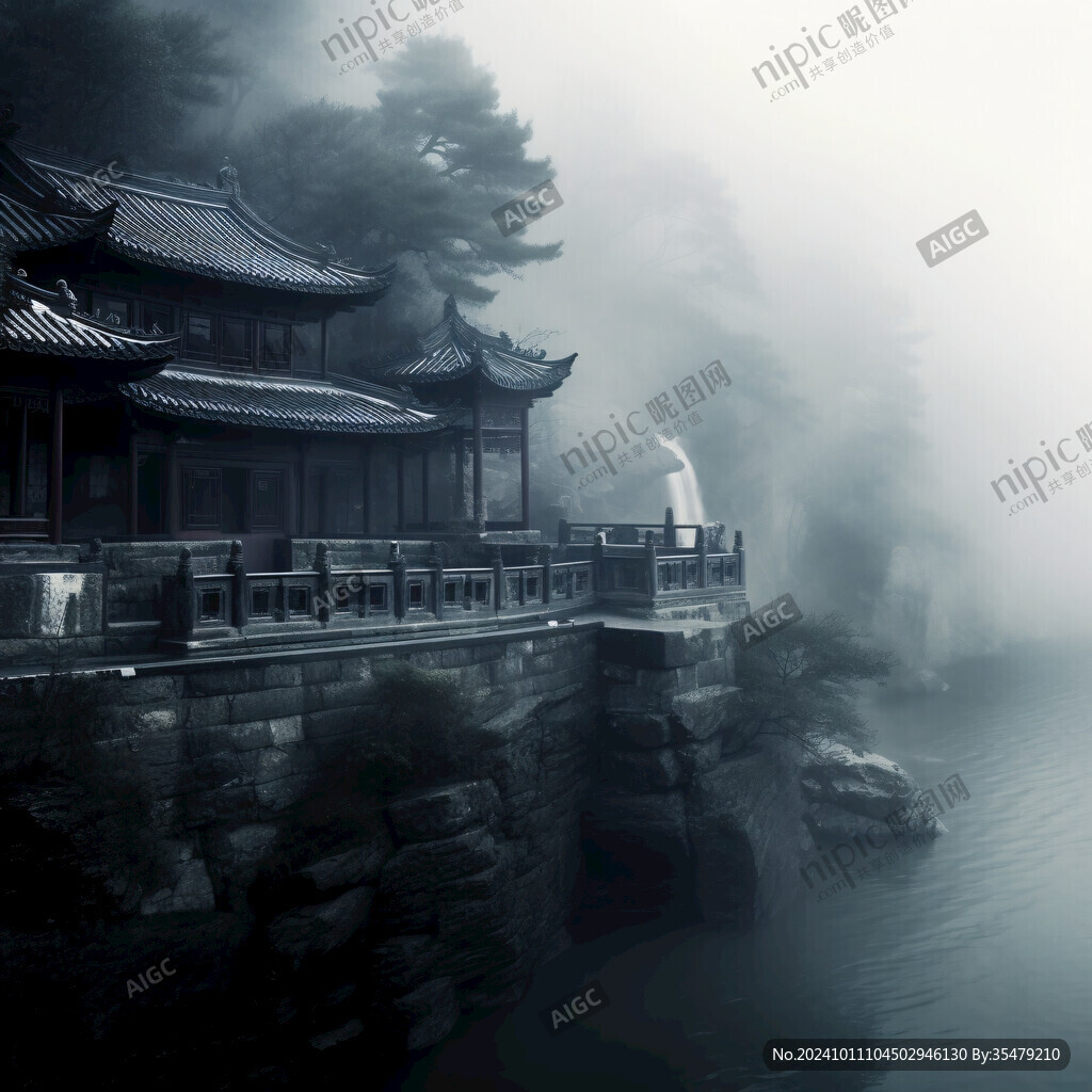 霧中的亭子