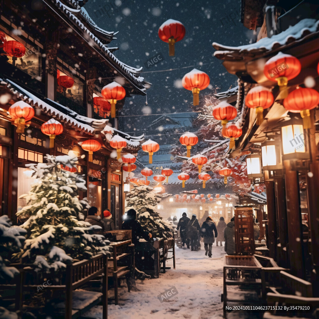 河園大雪建筑燈籠雪景