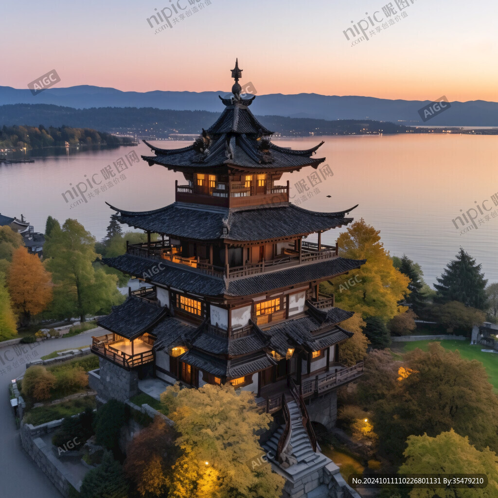 古建筑湖邊觀景塔