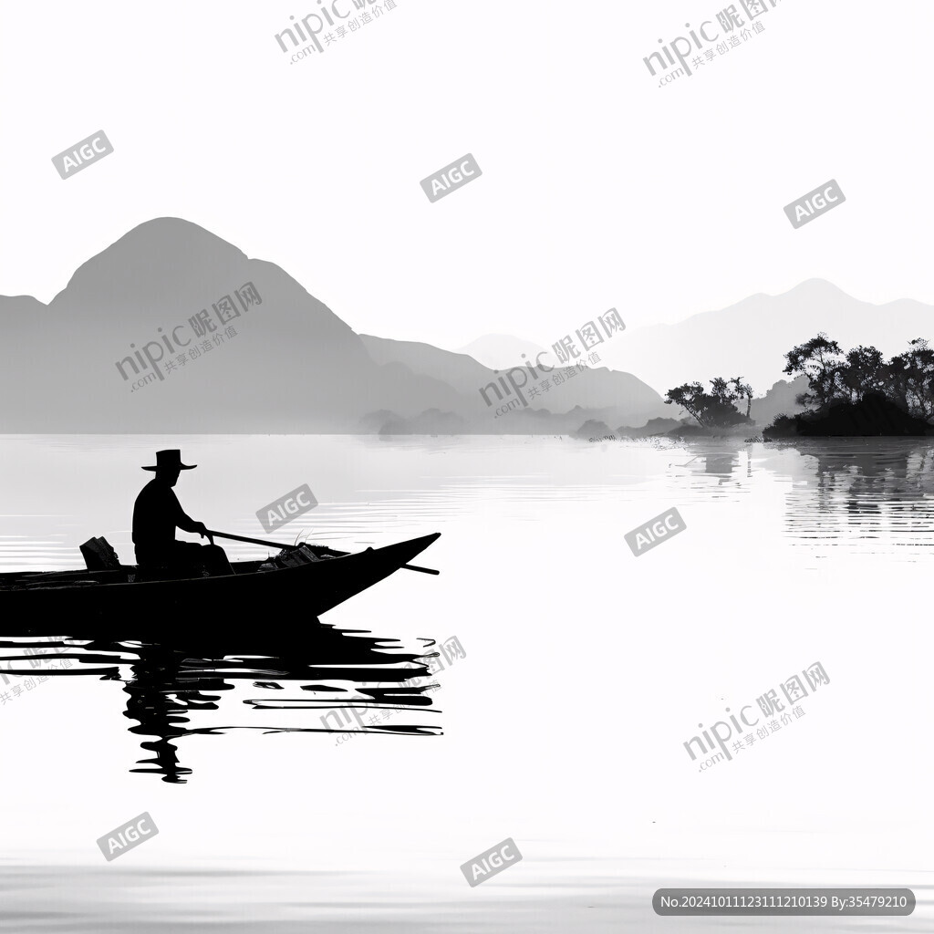 水墨漁夫垂釣水鄉