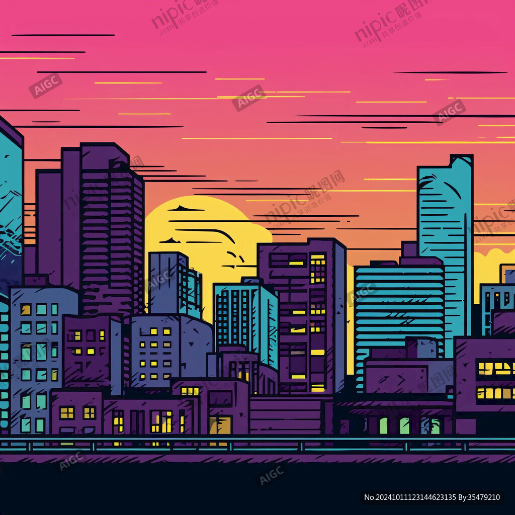 插畫城市夕陽
