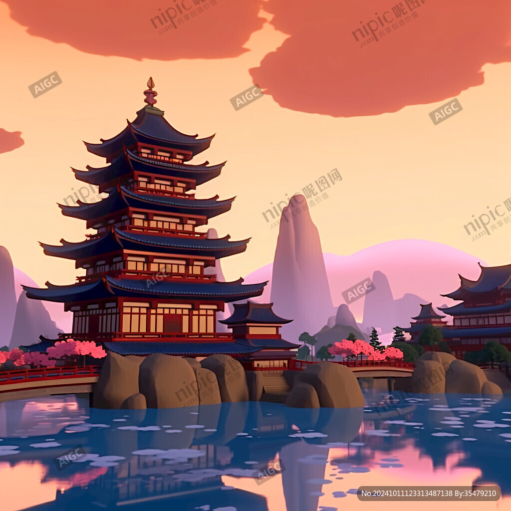國潮建筑山水場景