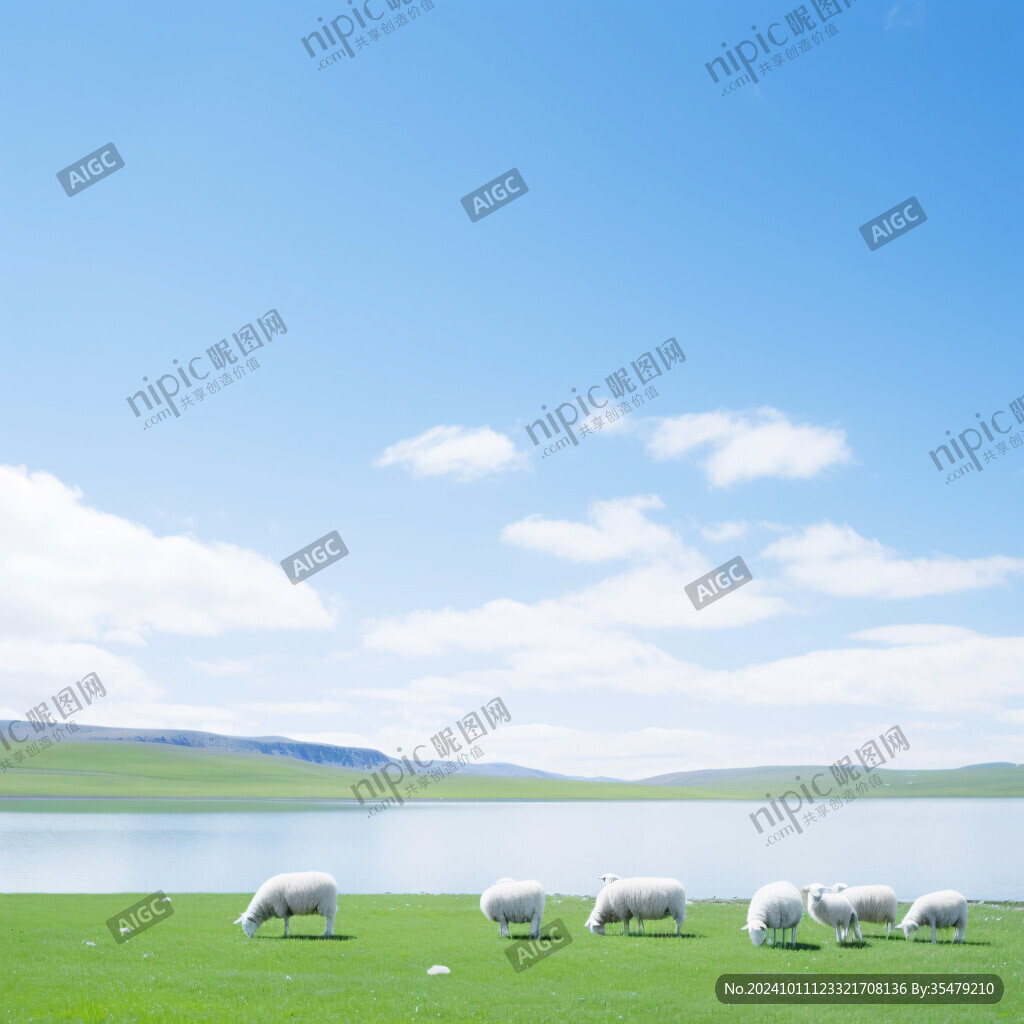 湖邊草地羊群