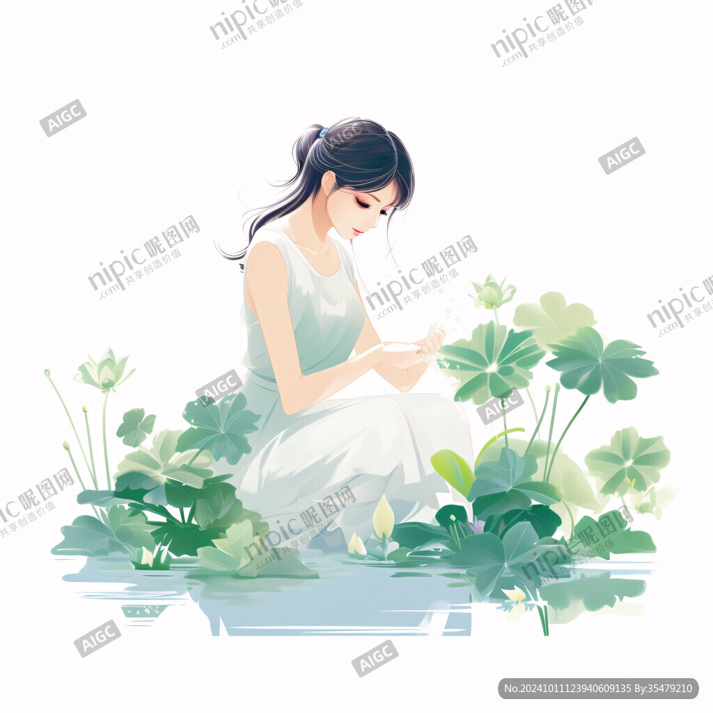 農家女孩蓮藕插畫