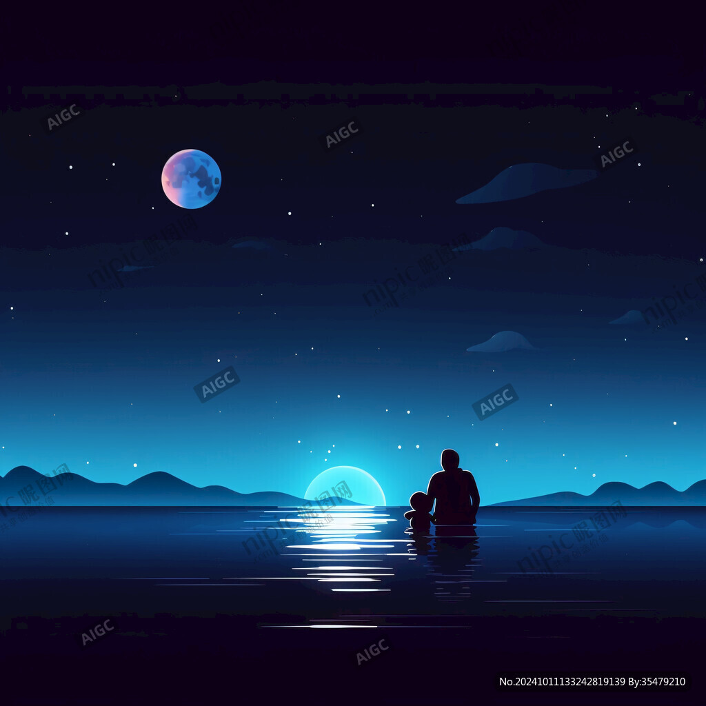 手繪看海的情侶插畫