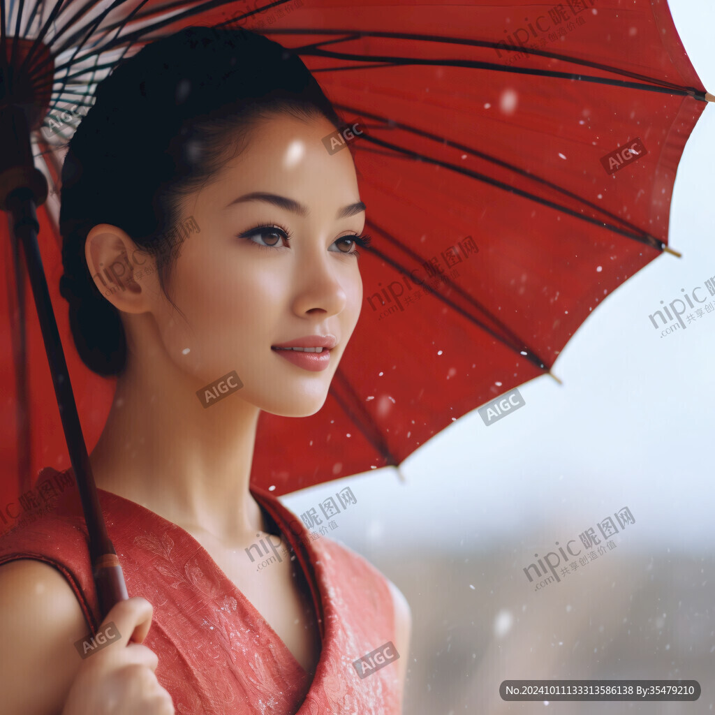 打紅綢布傘的美女