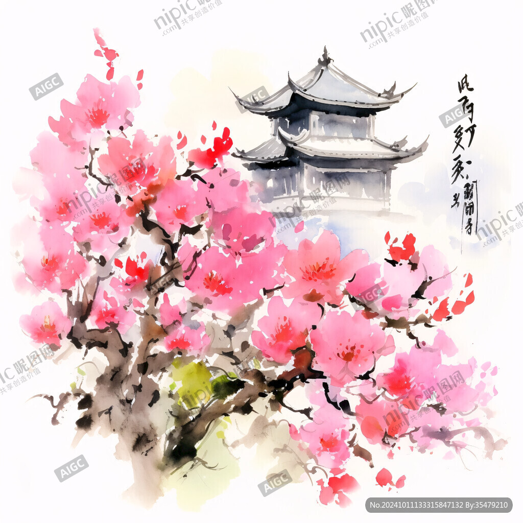 桃紅色桃花景區(qū)國畫