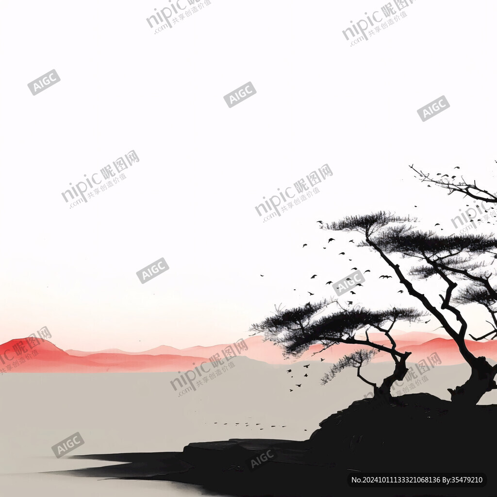 日落水墨畫(huà)日落群山