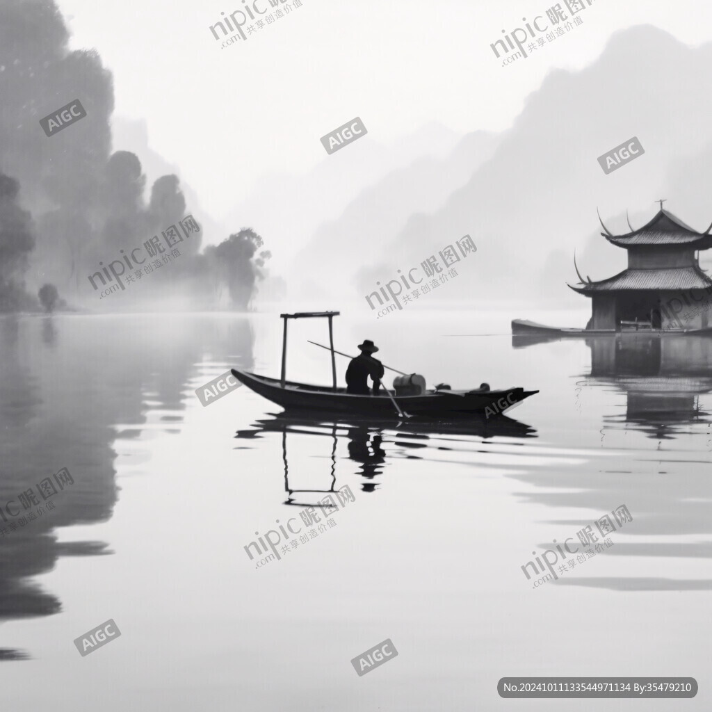 水墨漁夫垂釣水鄉(xiāng)