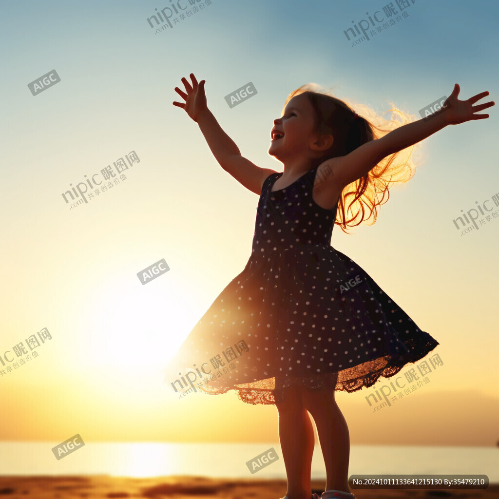 霞光中的小女孩
