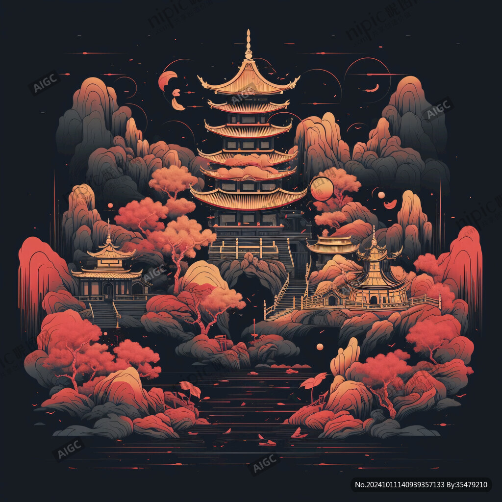 古風(fēng)國(guó)潮樓閣仙境圖