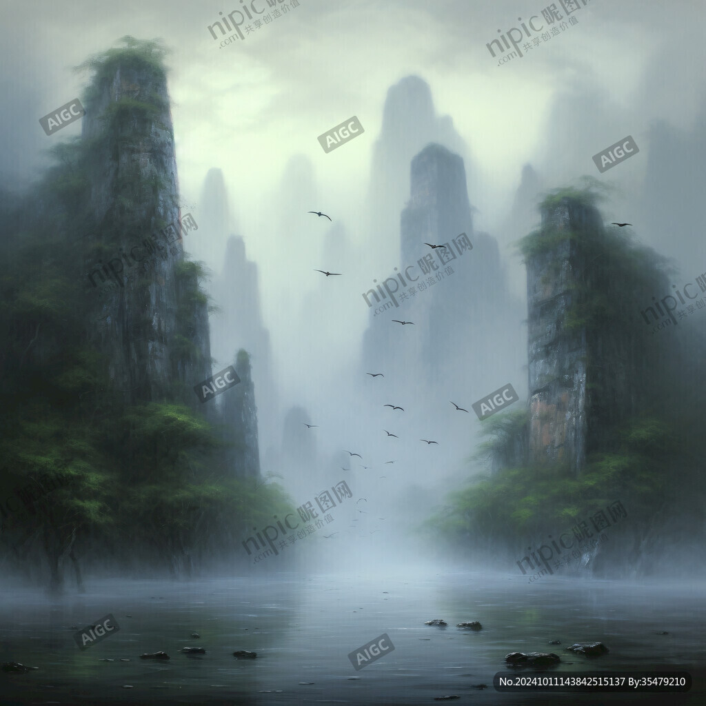 雨后朦朧山水禪意畫