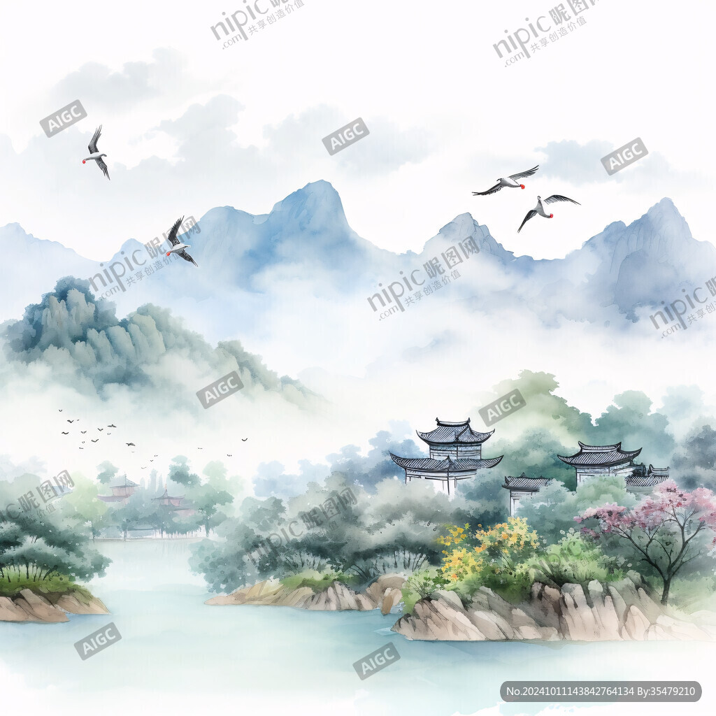 仙鶴樓閣山水插畫