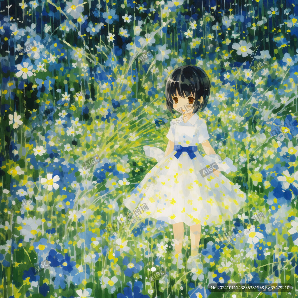 捧花藍的女孩插畫