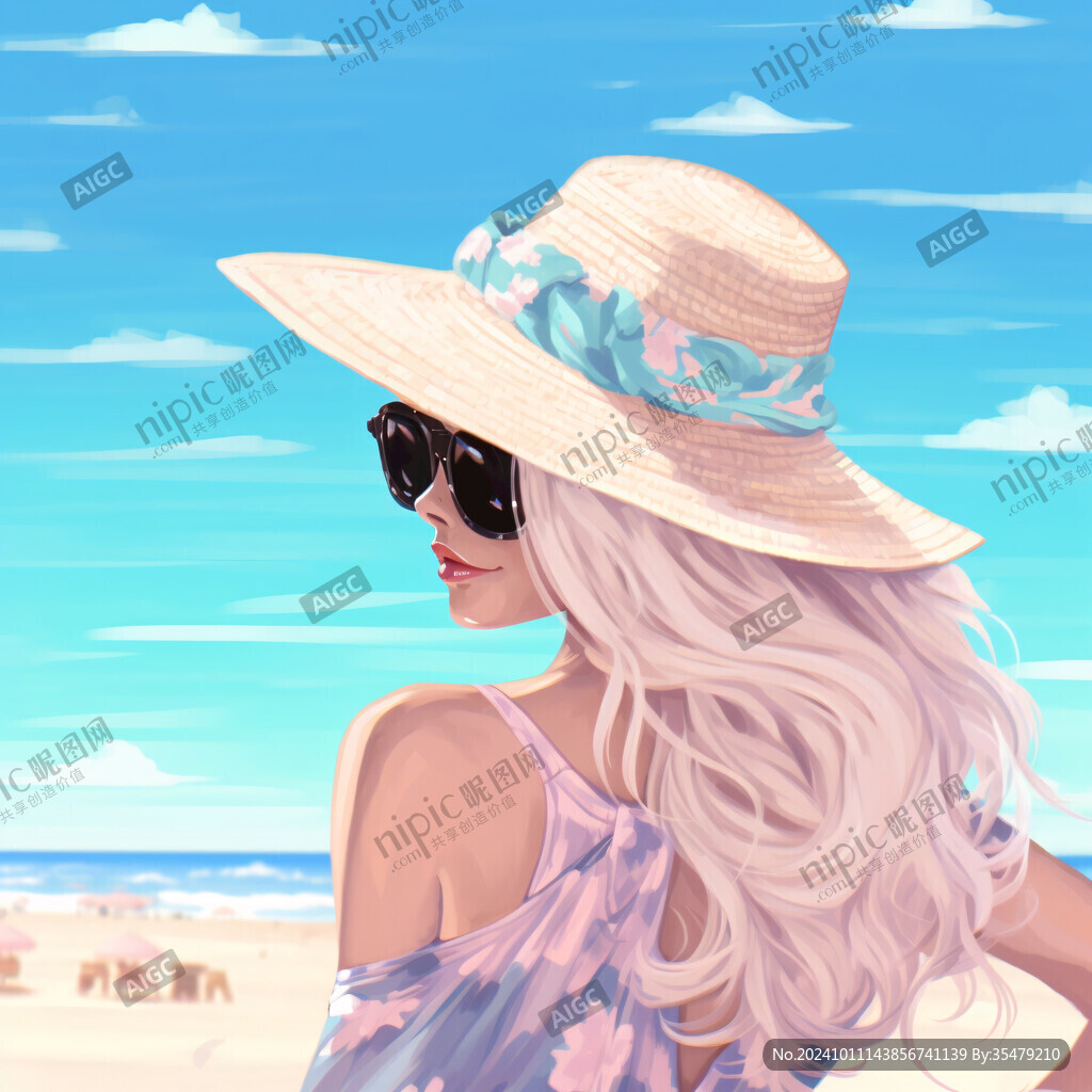 沙灘上的美女海邊插畫