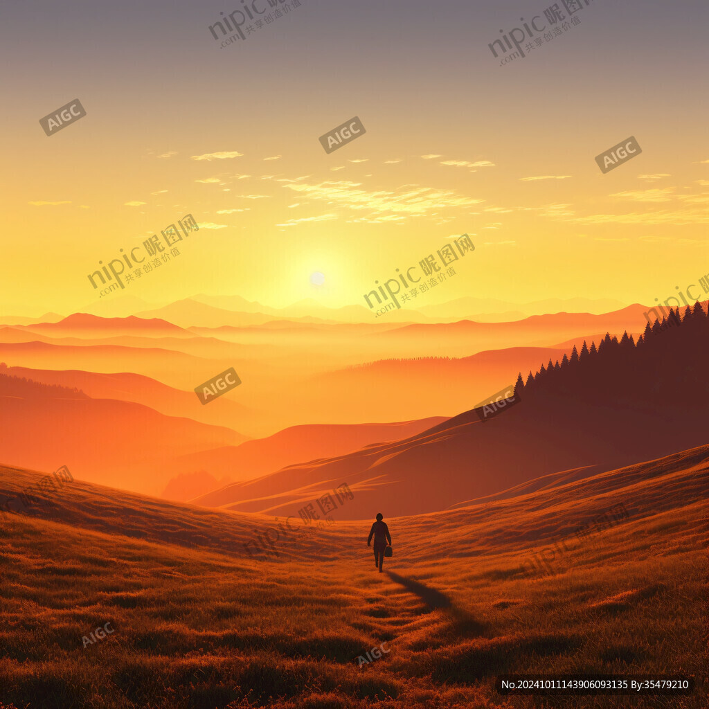 山地丘陵草場夕陽