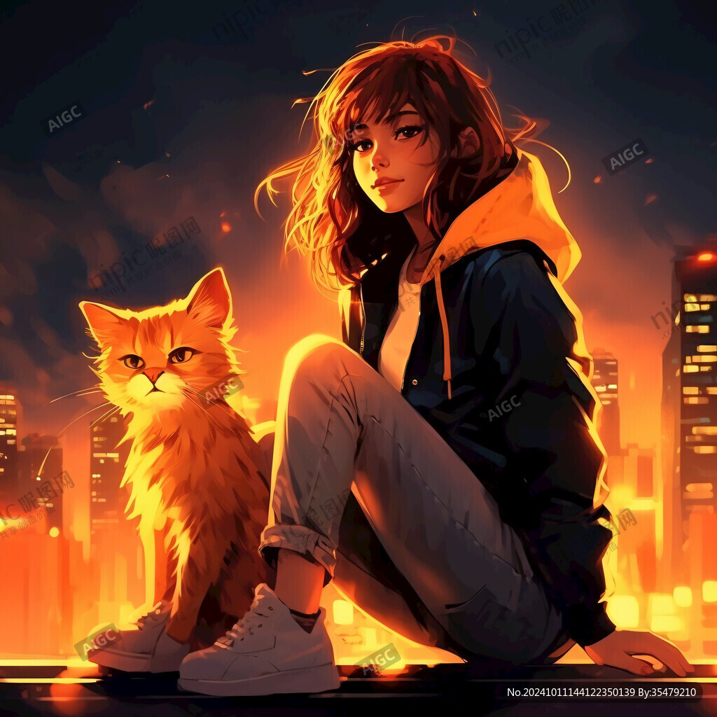 擼貓少女插畫(huà)