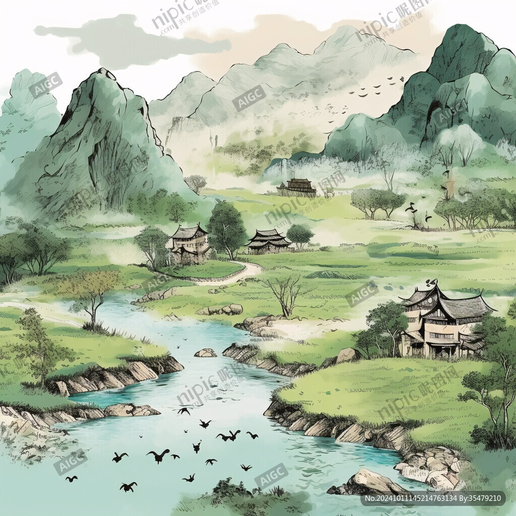 古風青綠山水春游圖