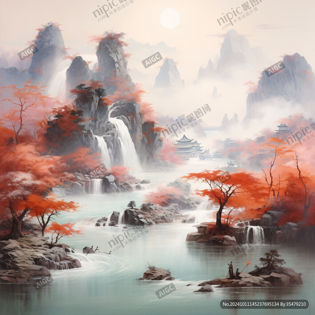 紅葉古風山水畫