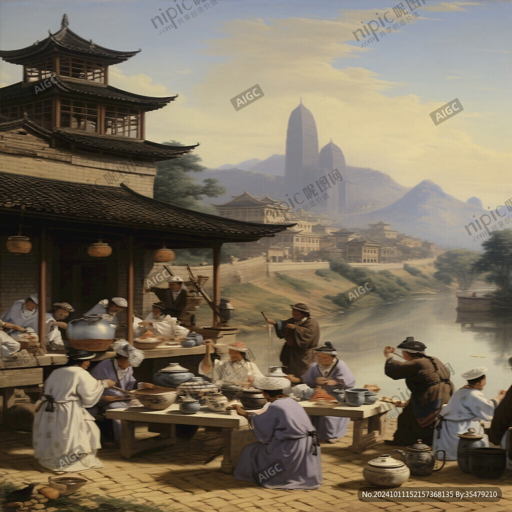 茶館場景油畫