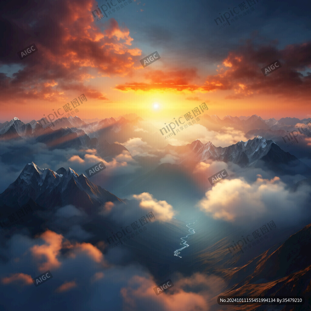 紅日天空山巒云彩