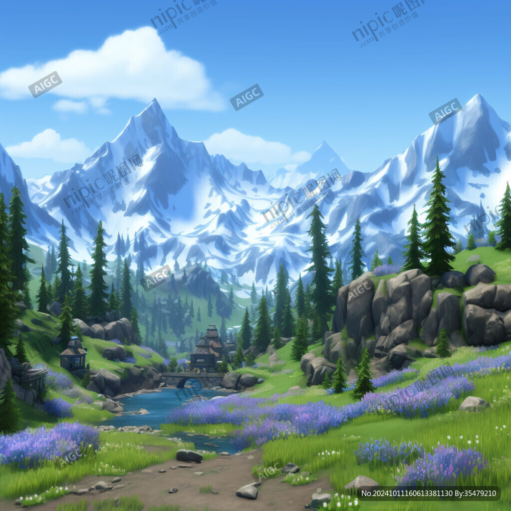 手繪森林山峰草地