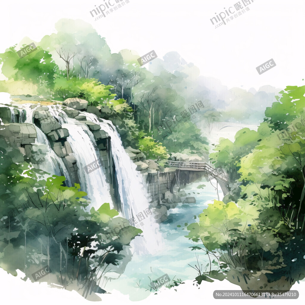 手繪山水瀑布