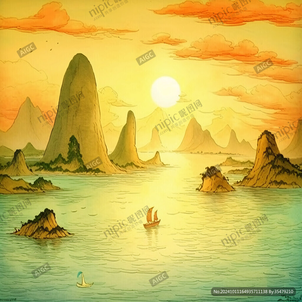 海上落日插畫
