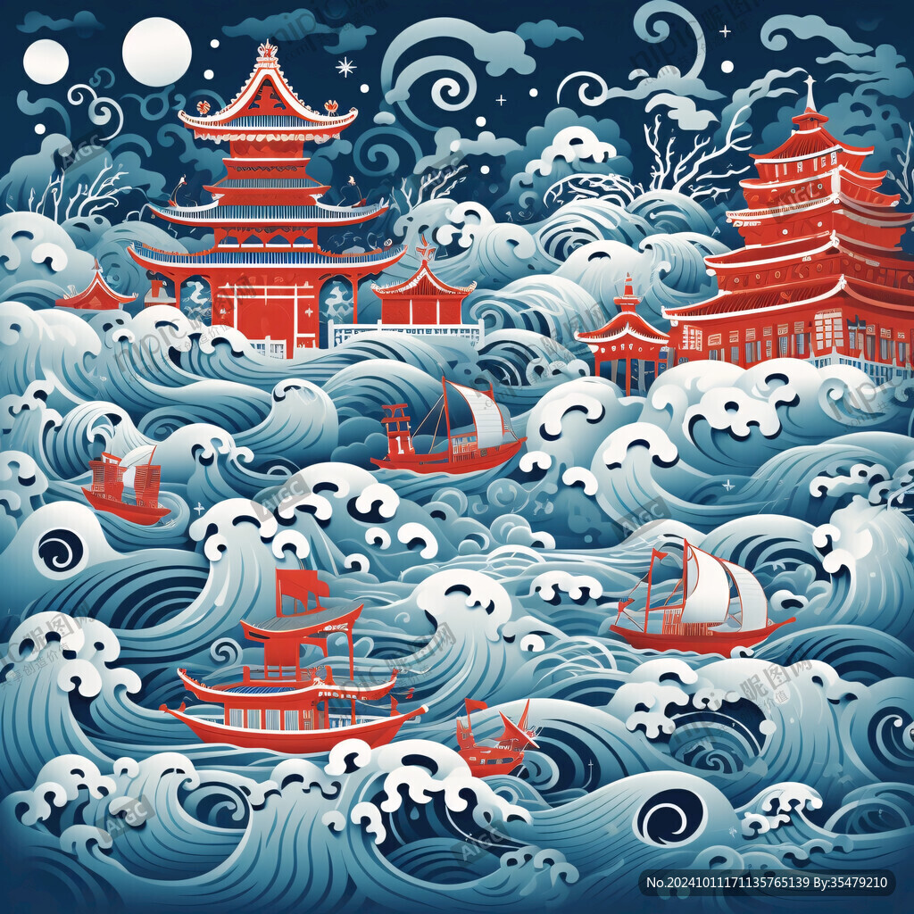 海水紋國(guó)潮插畫