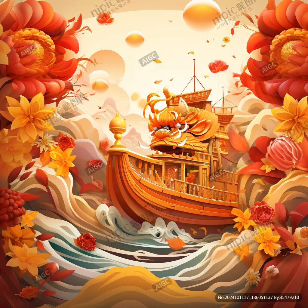 兔年財寶輪船海浪插畫