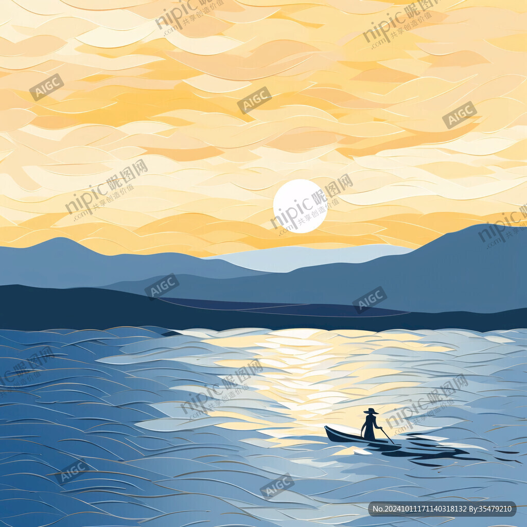 溪流小船白鶴落日山巒