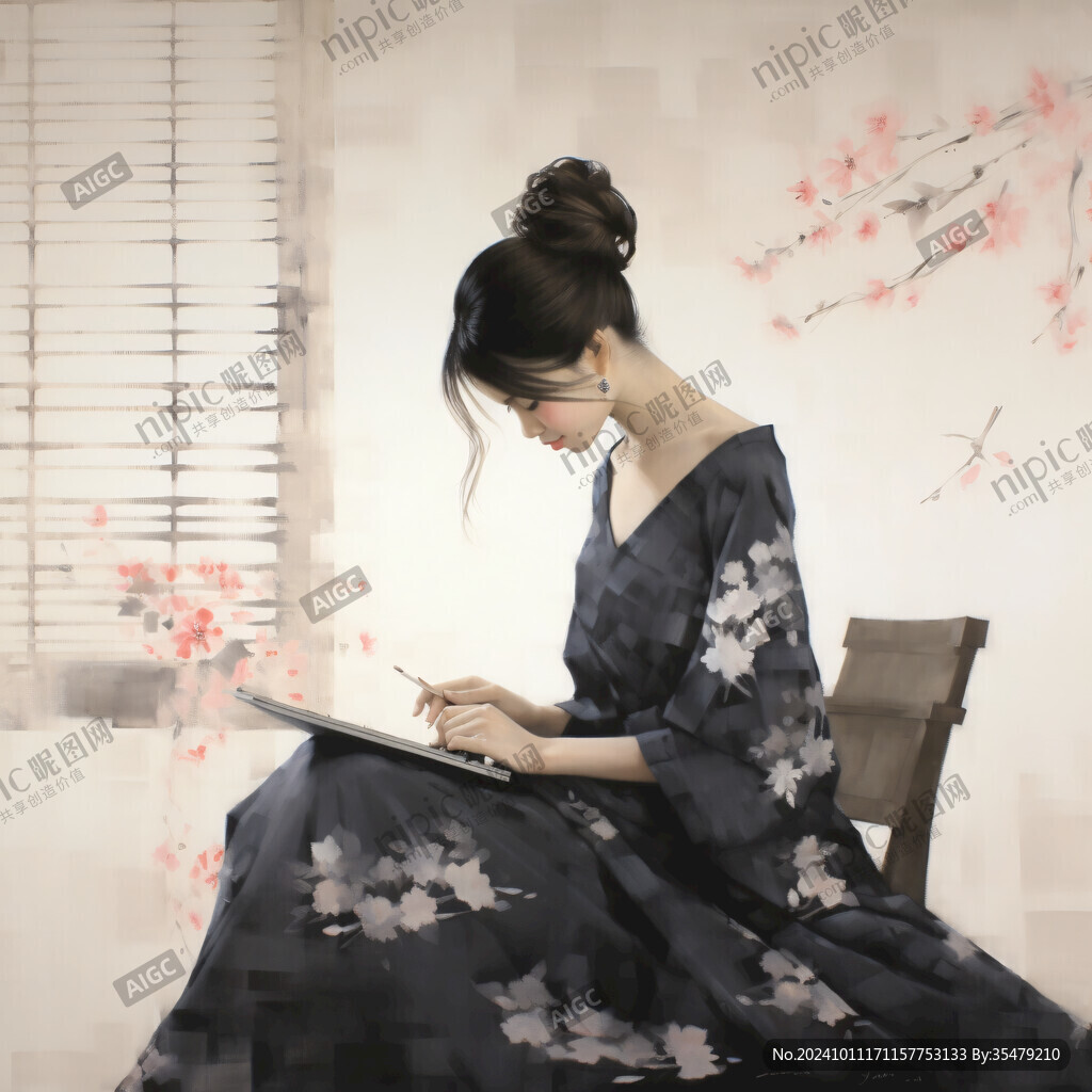 美人倚窗插畫