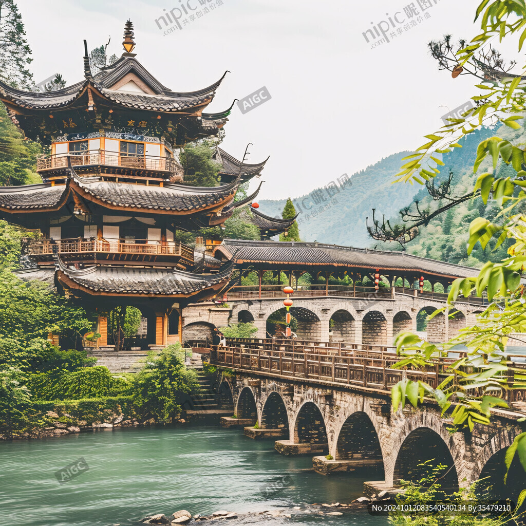 建筑溪流苗寨老橋小溪