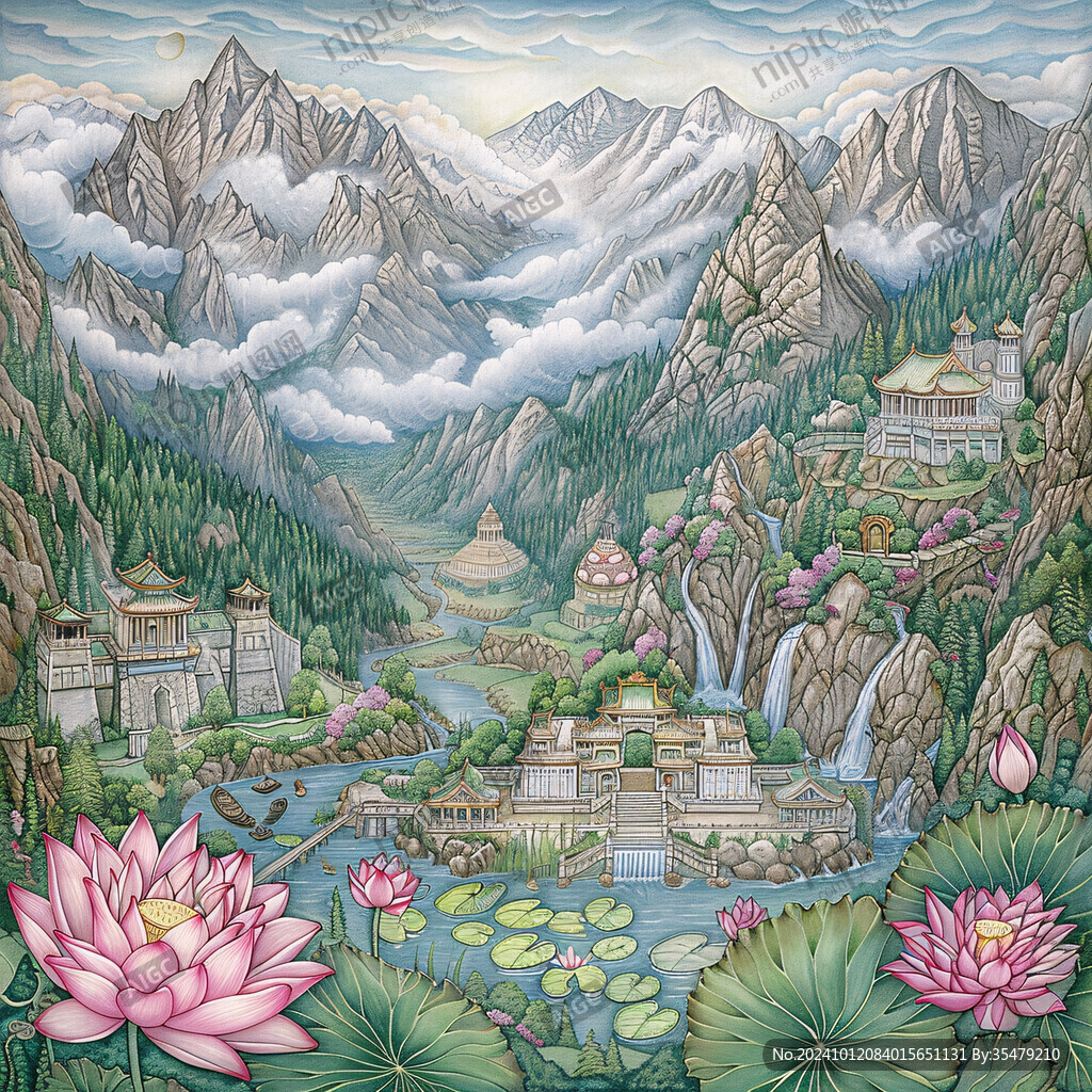 藏族彩繪山水水墨畫