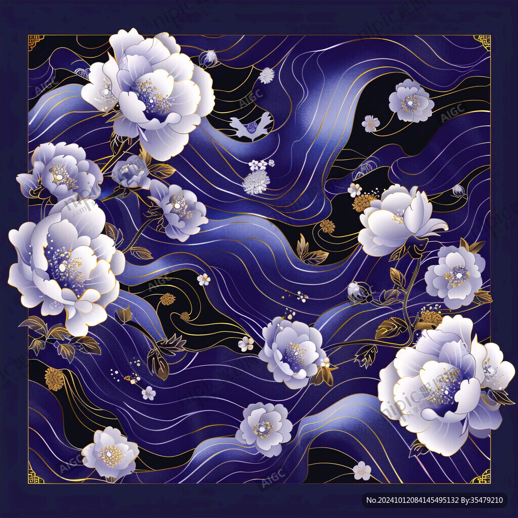 國潮藍莓開花插畫