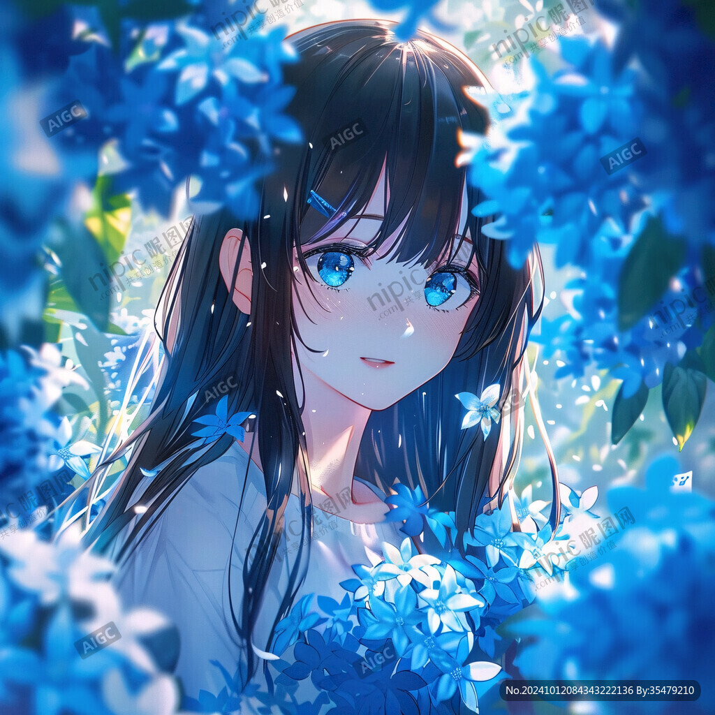 捧花藍(lán)的女孩插畫