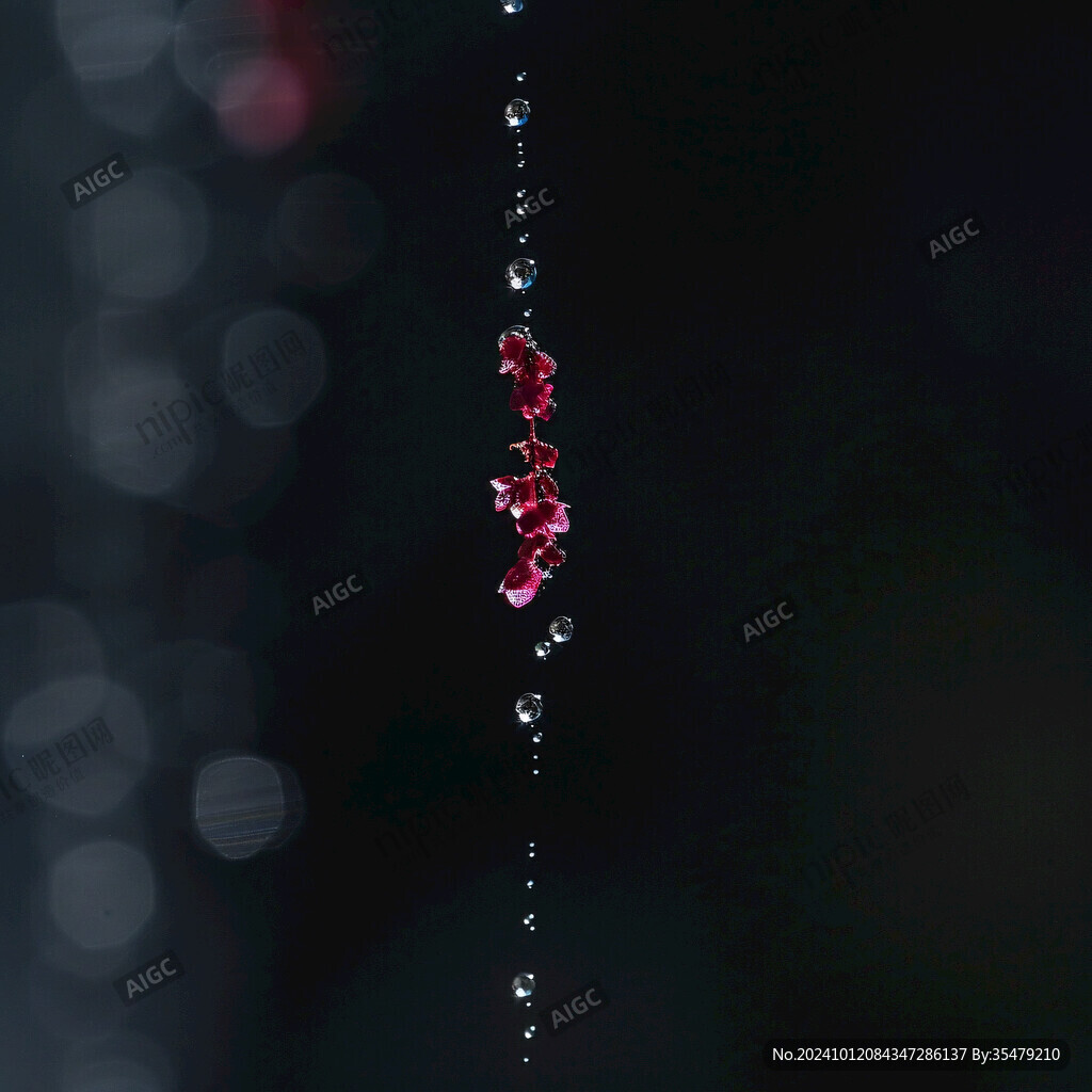 一枝紅梅黑色背景水珠