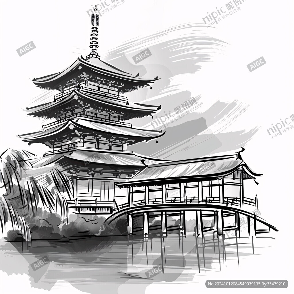 手繪雷峰塔插畫文件
